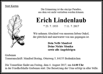 Traueranzeige von Erich Lindenlaub von VRM Trauer