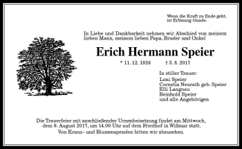 Traueranzeige von Erich Hermann Speier von  Gießener Anzeiger