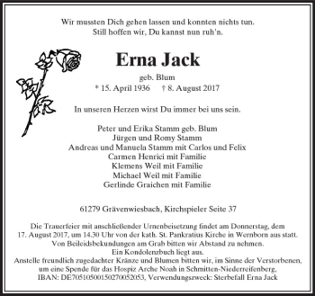 Traueranzeige von Erna Jack von  Usinger Anzeiger
