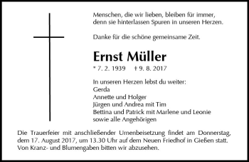 Traueranzeige von Ernst Müller von  Gießener Anzeiger