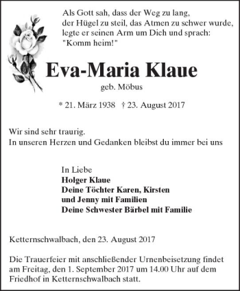 Traueranzeige von Eva-Maria Klaue von Trauerportal Rhein Main Presse