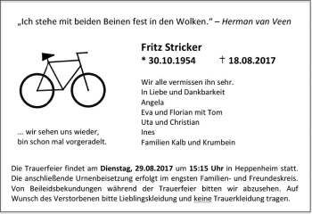 Traueranzeige von Fritz Stricker von Trauerportal Echo Online