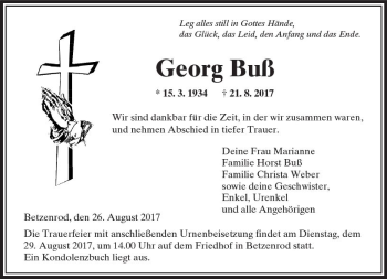 Traueranzeige von Georg Buß von  Kreisanzeiger