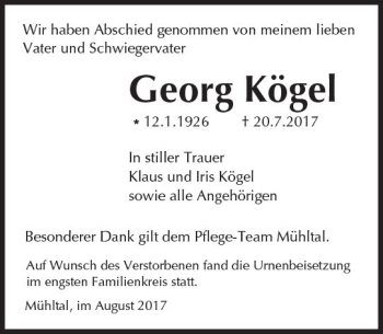 Traueranzeige von Georg Kögel von Trauerportal Echo Online