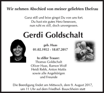 Traueranzeige von Gerdi Goldschalt von Trauerportal Rhein Main Presse