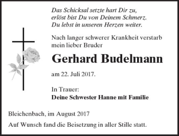 Traueranzeige von Gerhard Budelmann von  Kreisanzeiger