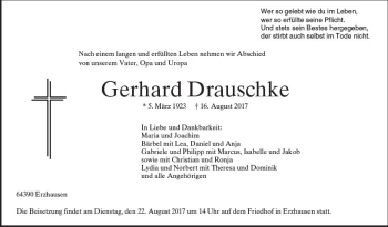Traueranzeige von Gerhard Drauschke von Trauerportal Echo Online