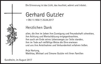 Traueranzeige von Gerhard Gutzler von Trauerportal Rhein Main Presse