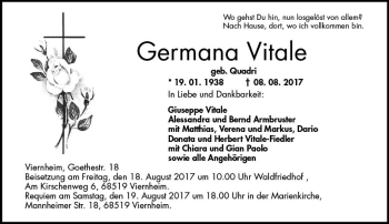 Traueranzeige von Germana Vitale von Trauerportal Echo Online