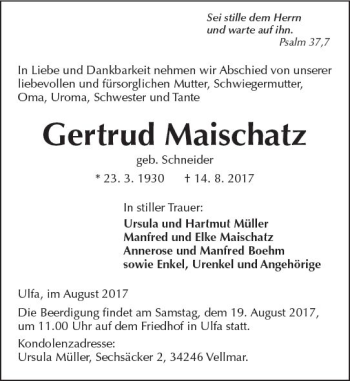 Traueranzeige von Gertrud Maischatz von  Kreisanzeiger