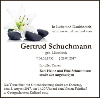 Traueranzeige von Gertrud Schuchmann von Trauerportal Echo Online