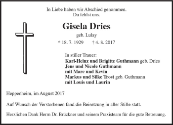 Traueranzeige von Gisela Dries von Trauerportal Echo Online