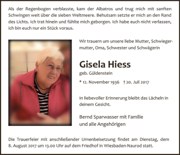 Traueranzeige von Gisela Hiess von Trauerportal Rhein Main Presse
