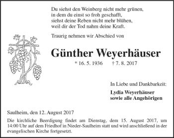 Traueranzeige von Günther Weyerhäuser von Trauerportal Rhein Main Presse