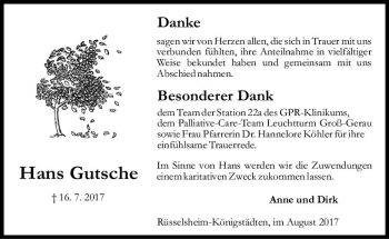 Traueranzeige von Hans Gutsche von Trauerportal Rhein Main Presse