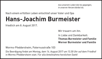 Traueranzeige von Hans-Joachim Burmeister von Trauerportal Rhein Main Presse