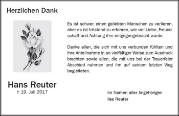 Traueranzeige von Hans Reuter von Trauerportal Rhein Main Presse