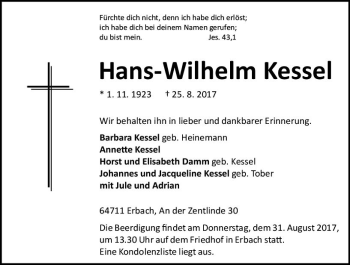 Traueranzeige von Hans-Wilhelm Kessel von Trauerportal Echo Online