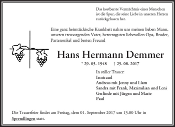 Traueranzeige von Hans Hermann Demmer von Trauerportal Rhein Main Presse