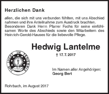 Traueranzeige von Hedwig Lantelme von Trauerportal Echo Online