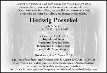 Traueranzeige von Hedwig Possekel von VRM Trauer