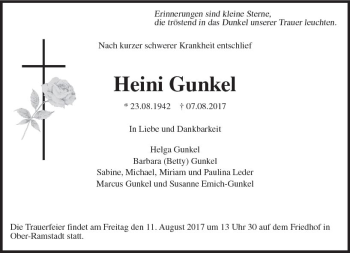 Traueranzeige von Heini Gunkel von Trauerportal Echo Online