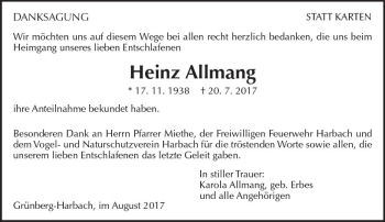 Traueranzeige von Heinz Allmang von  Gießener Anzeiger