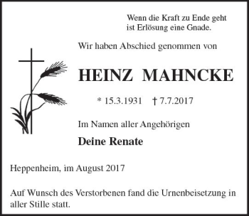 Traueranzeige von Heinz Mahncke von Trauerportal Echo Online
