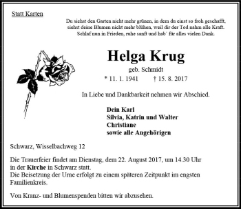 Traueranzeige von Helga Krug von VRM Trauer