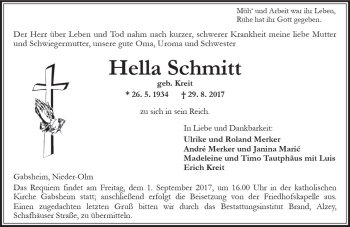 Traueranzeige von Hella Schmitt von Trauerportal Rhein Main Presse