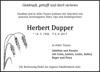 Traueranzeige von Herbert Dupper von Trauerportal Echo Online