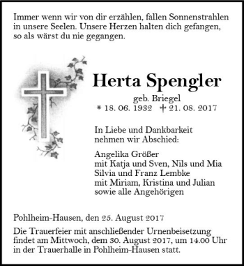 Traueranzeige von Herta Spengler von  Gießener Anzeiger