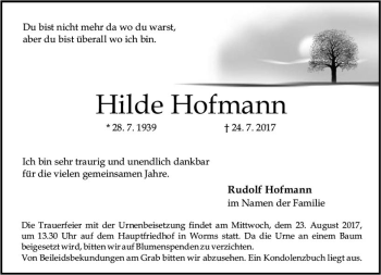 Traueranzeige von Hilde Hofmann von Trauerportal Rhein Main Presse