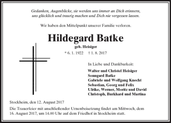 Traueranzeige von Hildegard Batke von  Kreisanzeiger