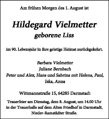 Traueranzeige von Hildegard Vielmetier von Trauerportal Echo Online