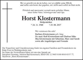 Traueranzeige von Horst Klostermann von Trauerportal Rhein Main Presse