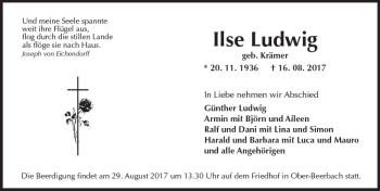Traueranzeige von Ilse Ludwig von Trauerportal Echo Online