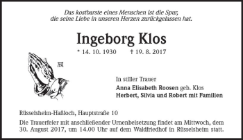 Traueranzeige von Ingeborg Klos von Trauerportal Rhein Main Presse