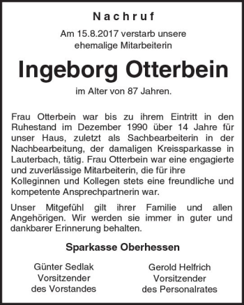 Traueranzeige von Ingeborg Otterbein von VRM Trauer