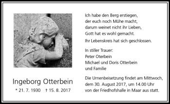 Traueranzeige von Ingeborg Otterbein von VRM Trauer