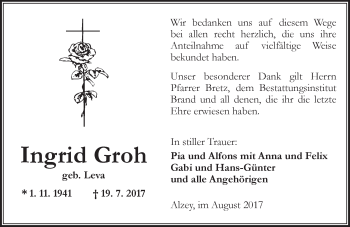 Traueranzeige von Ingrid Groh von Trauerportal Rhein Main Presse