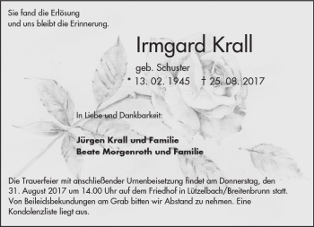 Traueranzeige von Irmgard Krall von Trauerportal Echo Online