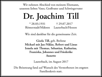 Traueranzeige von Joachim Till von VRM Trauer