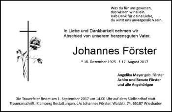Traueranzeige von Johannes Förster von Trauerportal Rhein Main Presse