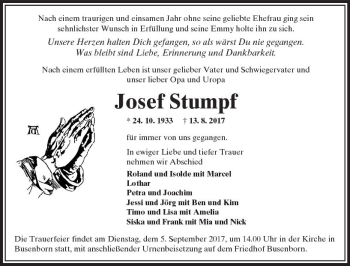 Traueranzeige von Josef Stumpf von  Kreisanzeiger