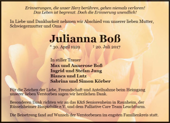 Traueranzeige von Julianna Boß von Trauerportal Rhein Main Presse