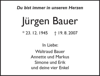 Traueranzeige von Jürgen Bauer von Trauerportal Rhein Main Presse