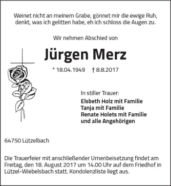 Traueranzeige von Jürgen Merz von Trauerportal Echo Online
