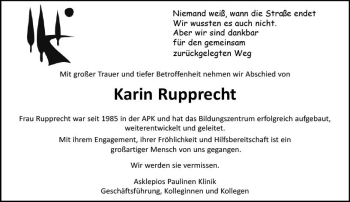 Traueranzeige von Karin Rupprecht von Trauerportal Rhein Main Presse