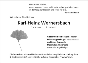 Traueranzeige von Karl-Heinz Wernersbach von Trauerportal Echo Online